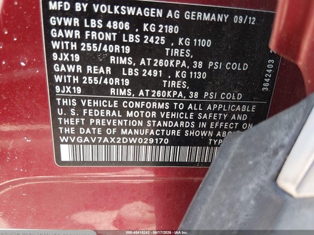 Продаж на аукціоні авто 2013 Volkswagen Tiguan Sel, vin: WVGAV7AX2DW029170, номер лоту: 45416242