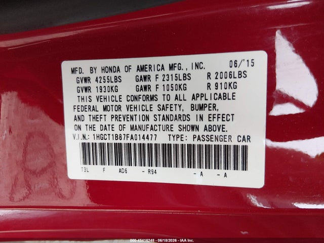 Honda Accord Ex-l 2015 1HGCT1B87FA014477 Image 9