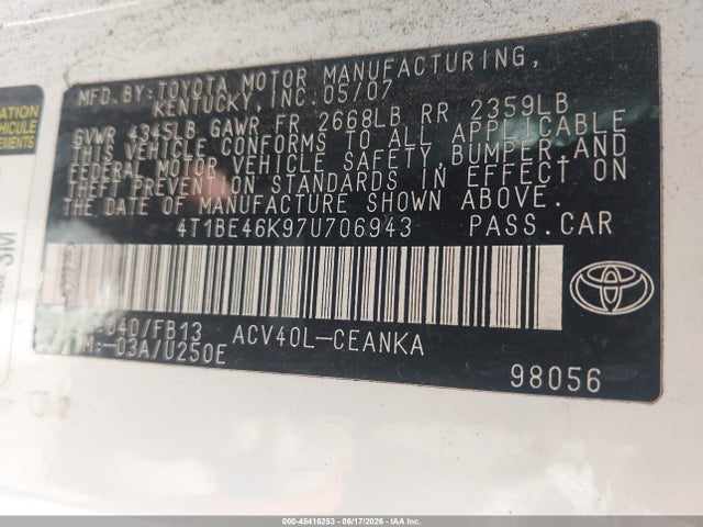 Продаж на аукціоні авто 2007 Toyota Camry Le, vin: 4T1BE46K97U706943, номер лоту: 45416253
