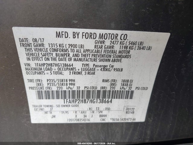 Продаж на аукціоні авто 2017 Ford Taurus Sel, vin: 1FAHP2H87HG138664, номер лоту: 45416265