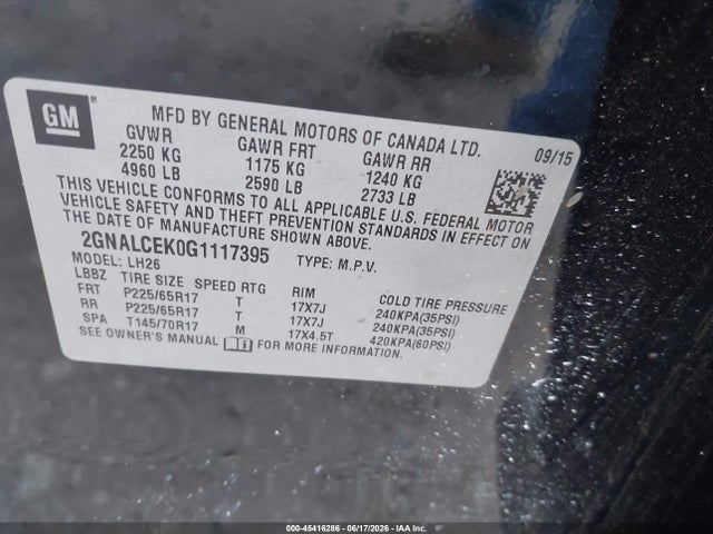 Продажа на аукционе авто 2016 Chevrolet Equinox Lt, vin: 2GNALCEK0G1117395, номер лота: 45416286