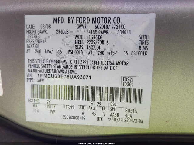 Продаж на аукціоні авто 2008 Ford Explorer Xlt, vin: 1FMEU63E78UA93071, номер лоту: 45416322