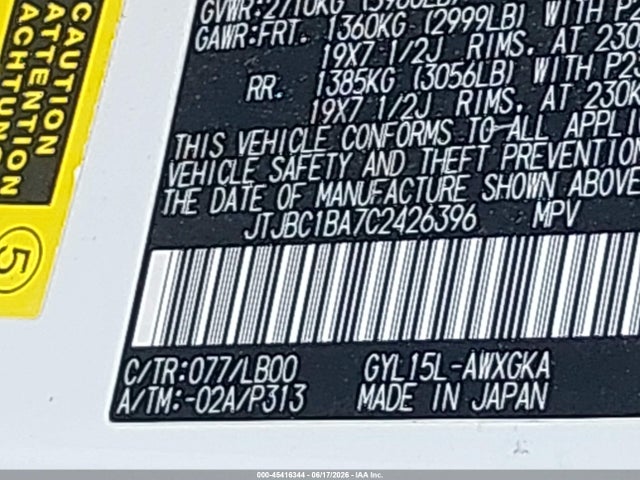 45416344 :رقم المزاد ، JTJBC1BA7C2426396 vin ، 2012 Lexus Rx 450h مزاد بيع