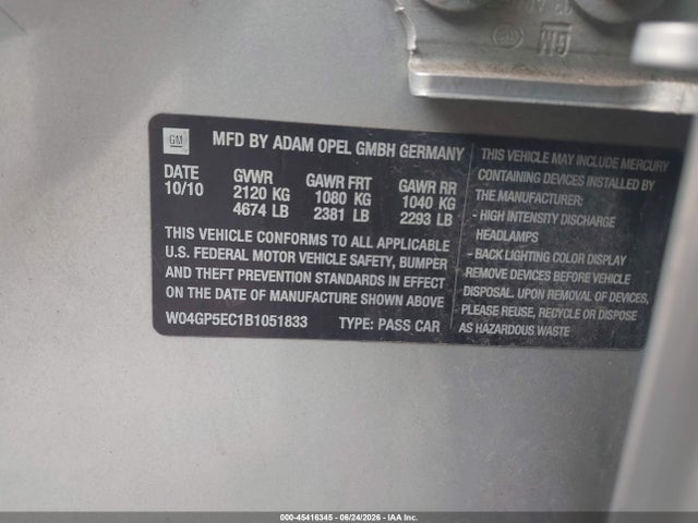 45416345 :رقم المزاد ، W04GP5EC1B1051833 vin ، 2011 Buick Regal Cxl Russelsheim مزاد بيع