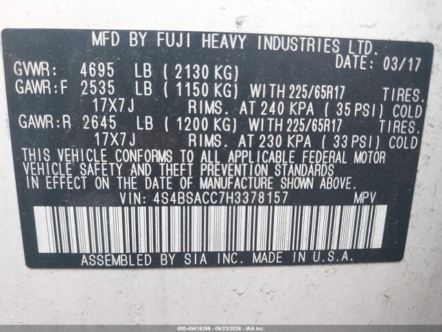 Auction sale of the 2017 Subaru Outback 2.5i Premium, vin: 4S4BSACC7H3378157, lot number: 45416396