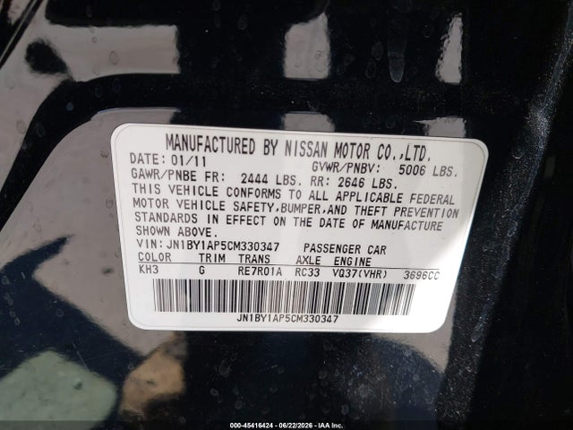 Aukcja sprzedaży 2012 Infiniti M37, vin: JN1BY1AP5CM330347, numer aukcji: 45416424