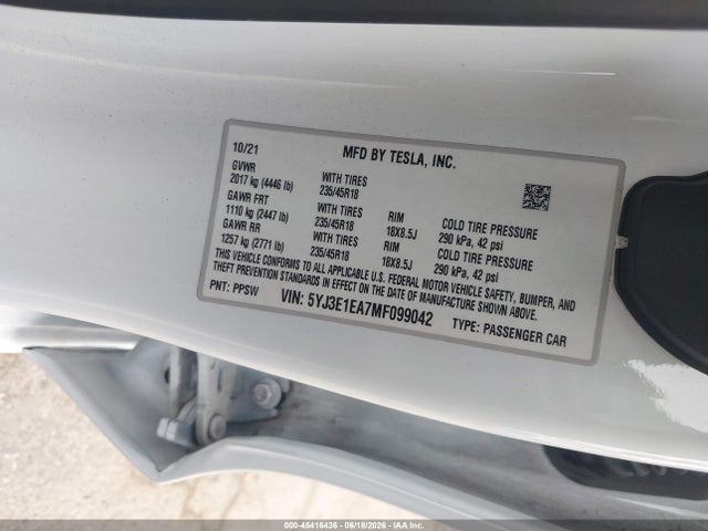 45416436 :رقم المزاد ، 5YJ3E1EA7MF099042 vin ، 2021 Tesla Model 3 Standard Range Plus Rear-wheel Drive مزاد بيع