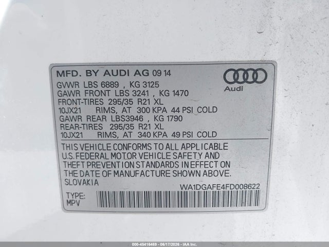 2015 Audi Q7 3.0t S Line Prestige მანქანა იყიდება აუქციონზე, vin: WA1DGAFE4FD008622, აუქციონის ნომერი: 45416469
