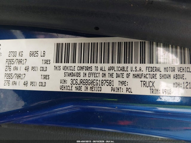 2014 Ram 1500 Slt მანქანა იყიდება აუქციონზე, vin: 3C6JR6BG0EG187581, აუქციონის ნომერი: 45416515