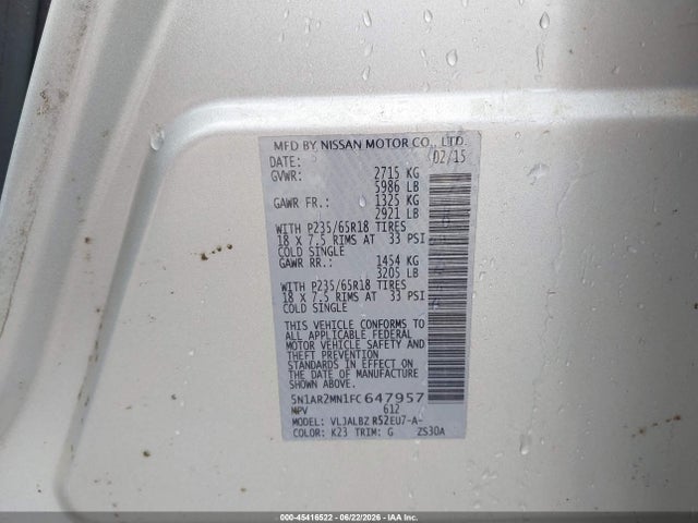 45416522 :رقم المزاد ، 5N1AR2MN1FC647957 vin ، 2015 Nissan Pathfinder S مزاد بيع