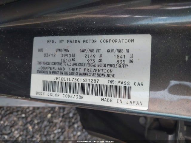45416531 :رقم المزاد ، JM1BL1L73C1631287 vin ، 2012 Mazda Mazda3 I Touring مزاد بيع