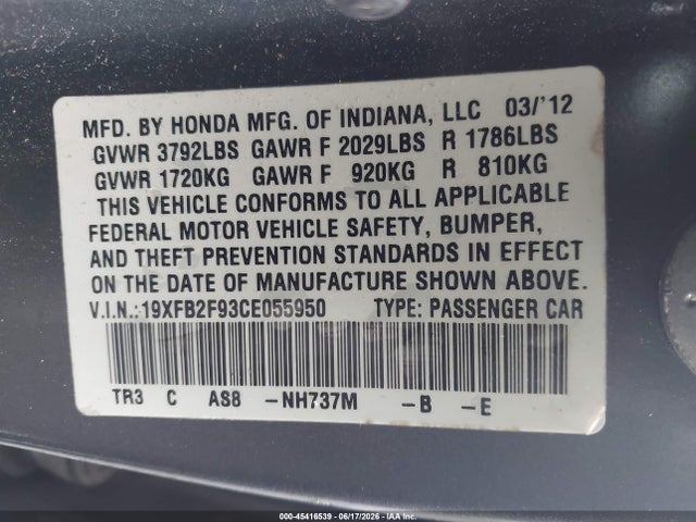 45416539 :رقم المزاد ، 19XFB2F93CE055950 vin ، 2012 Honda Civic Ex-l مزاد بيع