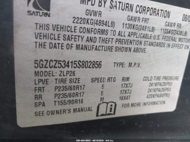 Auction sale of the 2005 Saturn Vue V6, vin: 5GZCZ53415S802856, lot number: 45416552