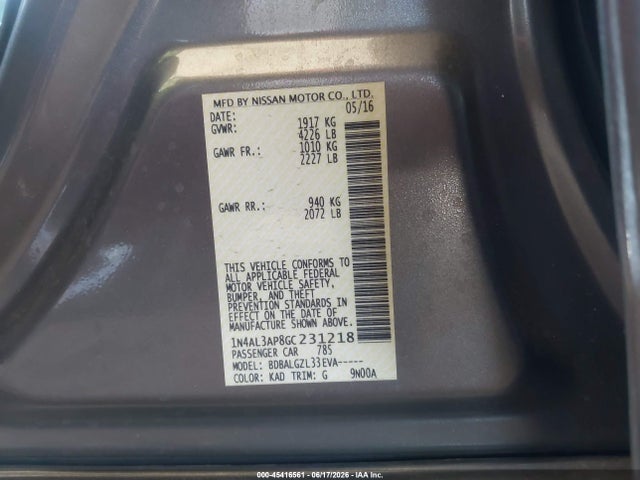 1N4AL3AP8GC231218 Nissan Altima 2.5/2.5 S/2.5 Sl/2.5 Sr/2.5 Sv