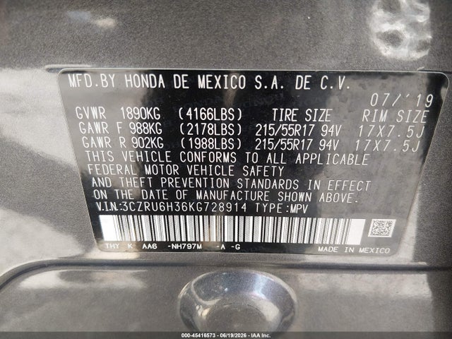 Honda HR-V LX 2019 3CZRU6H36KG728914 Image 9