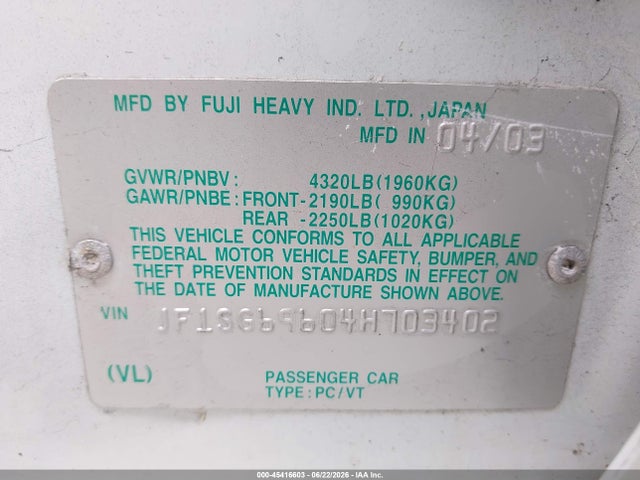 Продаж на аукціоні авто 2004 Subaru Forester 2.5xt, vin: JF1SG69604H703402, номер лоту: 45416603
