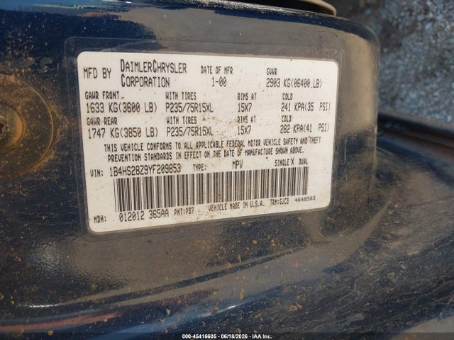 Auction sale of the 2000 Dodge Durango, vin: 1B4HS28Z9YF209853, lot number: 45416605