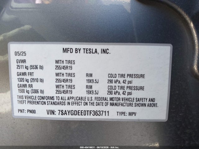 Продаж на аукціоні авто 2026 Tesla Model Y All-wheel Drive/long Range Launch Series/premium All-wheel Drive, vin: 7SAYGDEE0TF363711, номер лоту: 45416631