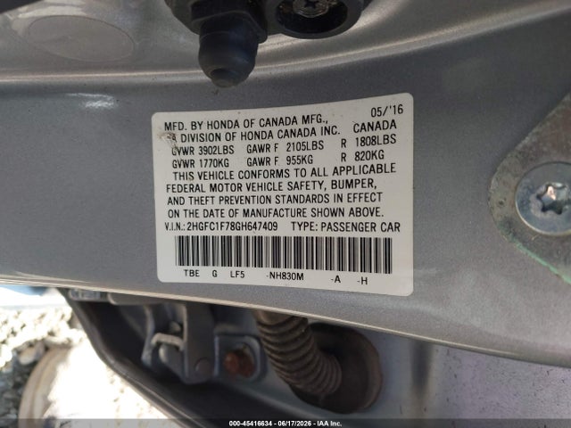 Aukcja sprzedaży 2016 Honda Civic Ex-l, vin: 2HGFC1F78GH647409, numer aukcji: 45416634