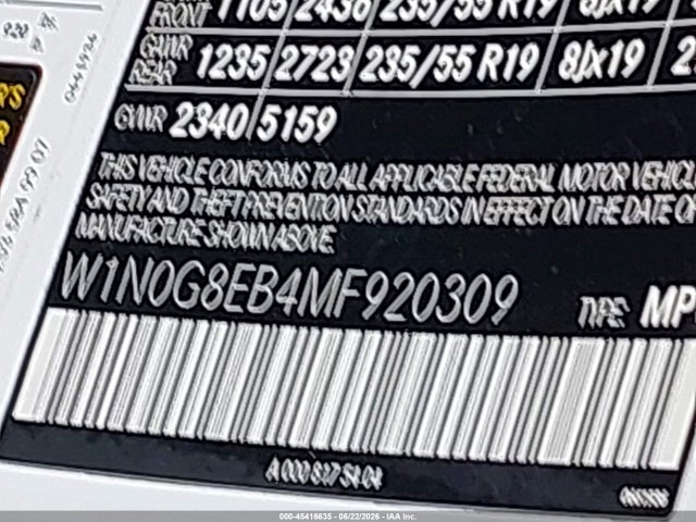 Продаж на аукціоні авто 2021 Mercedes-benz Glc 300 4matic Suv, vin: W1N0G8EB4MF920309, номер лоту: 45416635