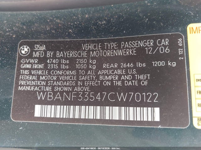 Aukcja sprzedaży 2007 Bmw 525xi, vin: WBANF33547CW70122, numer aukcji: 45416638