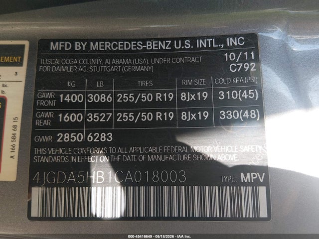 Продажа на аукционе авто 2012 Mercedes-benz Ml 350 4matic, vin: 4JGDA5HB1CA018003, номер лота: 45416649