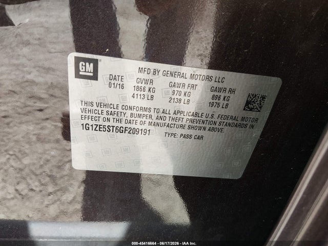 45416664 :رقم المزاد ، 1G1ZE5ST6GF209191 vin ، 2016 Chevrolet Malibu 1lt مزاد بيع
