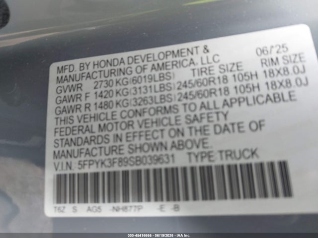 45416666 :رقم المزاد ، 5FPYK3F89SB039631 vin ، 2025 Honda Ridgeline Black Edition مزاد بيع