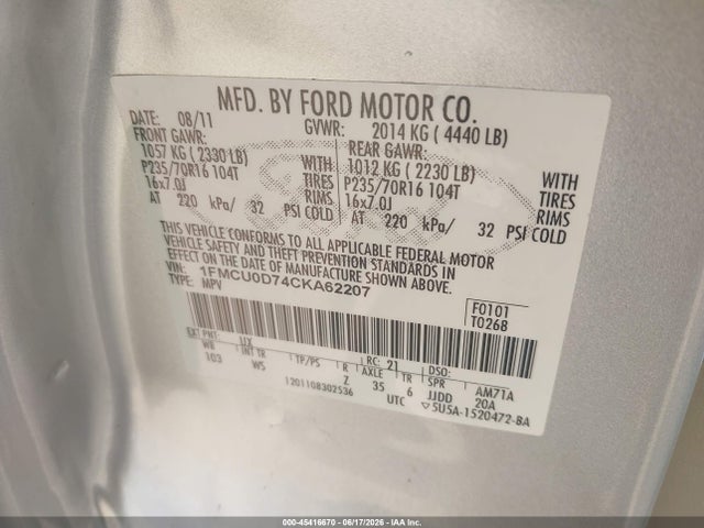 2012 Ford Escape Xlt მანქანა იყიდება აუქციონზე, vin: 1FMCU0D74CKA62207, აუქციონის ნომერი: 45416670