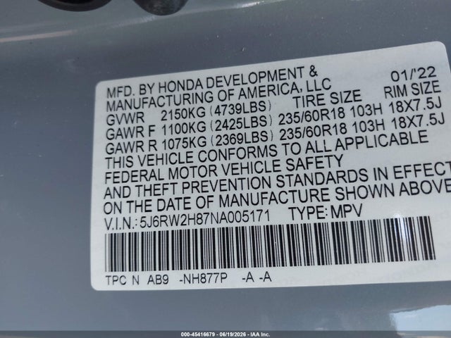 45416679 :رقم المزاد ، 5J6RW2H87NA005171 vin ، 2022 Honda Cr-v Awd Ex-l مزاد بيع