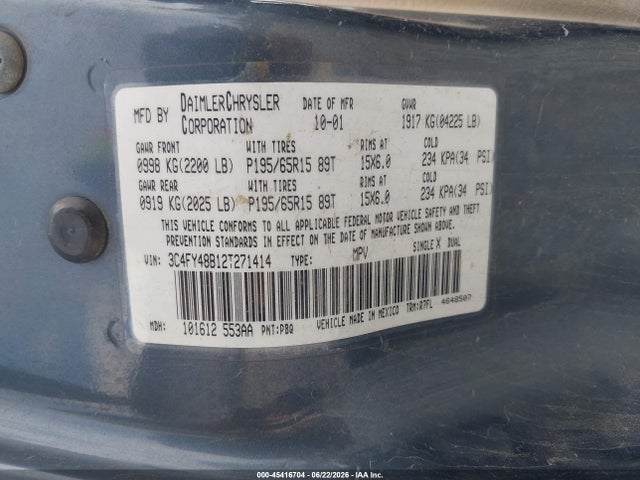 Aukcja sprzedaży 2002 Chrysler Pt Cruiser, vin: 3C4FY48B12T271414, numer aukcji: 45416704