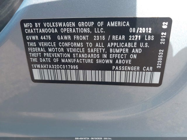 Aukcja sprzedaży 2013 Volkswagen Passat 2.5l S, vin: 1VWAH7A32DC017995, numer aukcji: 45416724