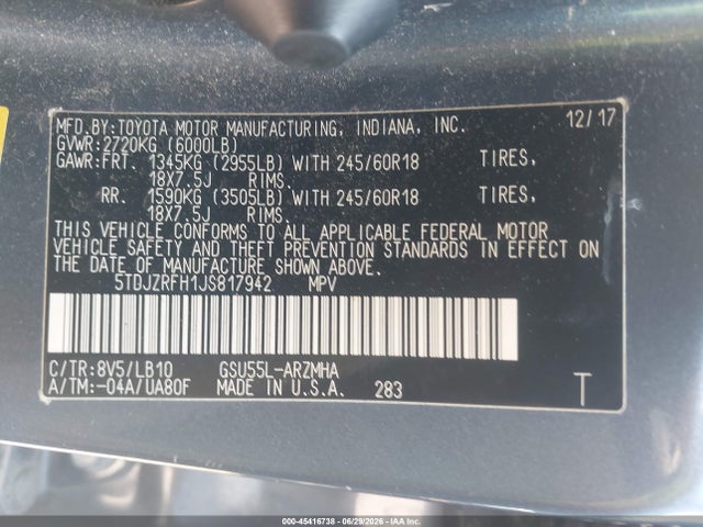 5TDJZRFH1JS817942 Toyota Highlander Xle