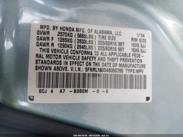 2004 Honda Odyssey Ex-l მანქანა იყიდება აუქციონზე, vin: 5FNRL18054B060789, აუქციონის ნომერი: 45416754