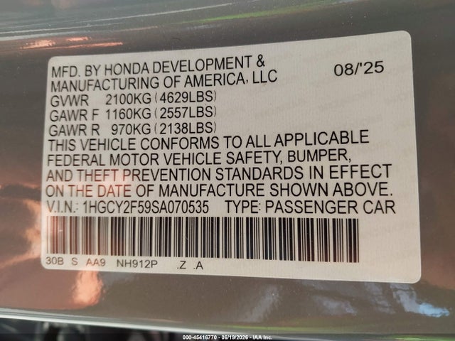 Продаж на аукціоні авто 2025 Honda Accord Hybrid Sport, vin: 1HGCY2F59SA070535, номер лоту: 45416770
