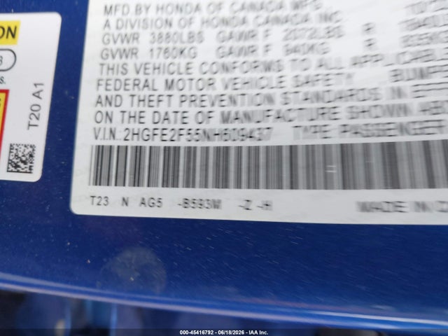 Auction sale of the 2022 Honda Civic Sport, vin: 2HGFE2F55NH609437, lot number: 45416792