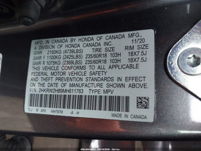 2HKRW2H89MH611763 Honda Cr-v Awd Ex-l