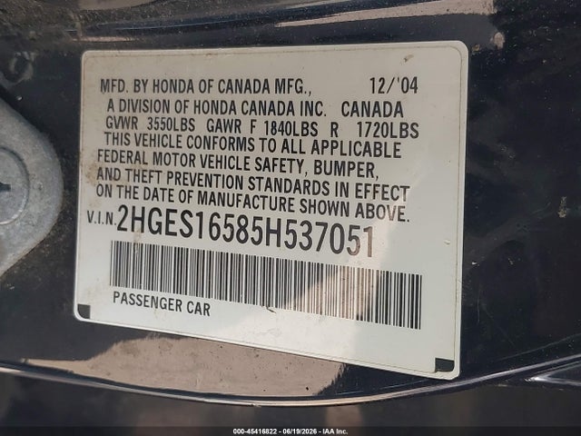 Продаж на аукціоні авто 2005 Honda Civic Lx, vin: 2HGES16585H537051, номер лоту: 45416822