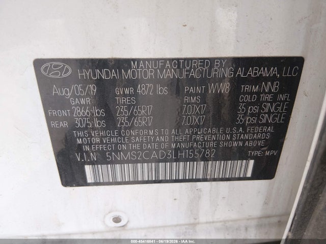 Aukcja sprzedaży 2020 Hyundai Santa Fe Se, vin: 5NMS2CAD3LH155782, numer aukcji: 45416841