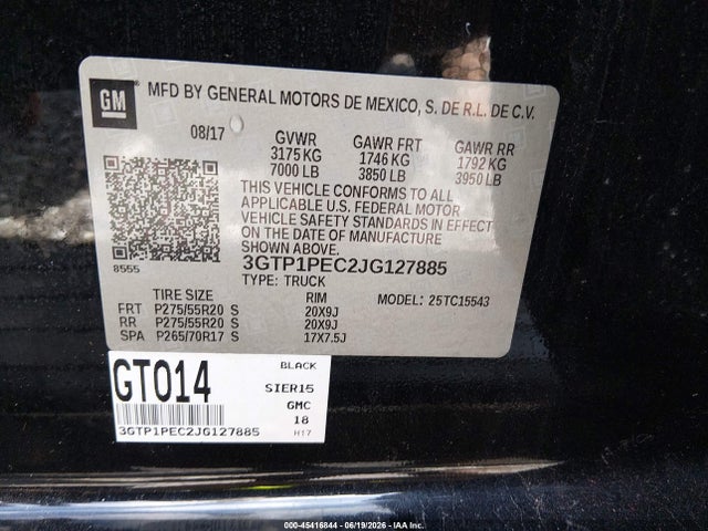 Aukcja sprzedaży 2018 Gmc Sierra 1500 Denali, vin: 3GTP1PEC2JG127885, numer aukcji: 45416844