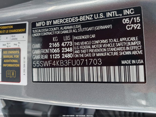 Продаж на аукціоні авто 2015 Mercedes-benz C 300 4matic, vin: 55SWF4KB3FU071703, номер лоту: 45416909