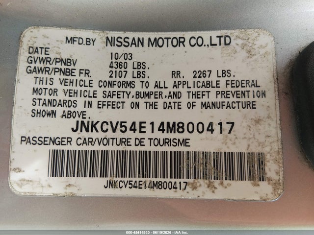 Продаж на аукціоні авто 2004 Infiniti G35, vin: JNKCV54E14M800417, номер лоту: 45416930