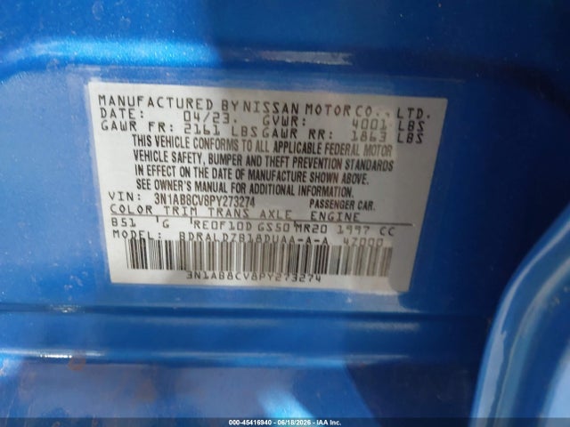 2023 Nissan Sentra Sv Xtronic Cvt მანქანა იყიდება აუქციონზე, vin: 3N1AB8CV8PY273274, აუქციონის ნომერი: 45416940