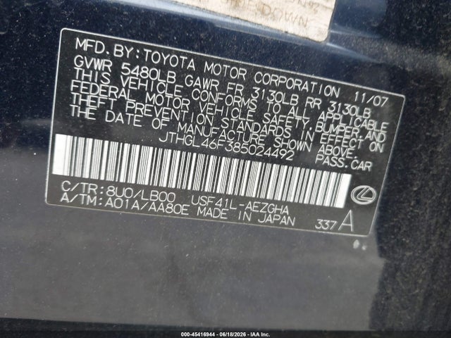 45416944 :رقم المزاد ، JTHGL46F385024492 vin ، 2008 Lexus Ls 460 L مزاد بيع