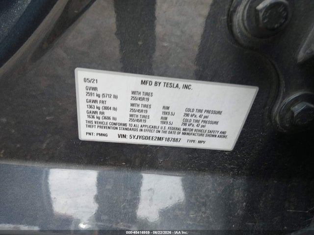 45416959 :رقم المزاد ، 5YJYGDEE2MF187887 vin ، 2021 Tesla Model Y Long Range Dual Motor All-wheel Drive مزاد بيع