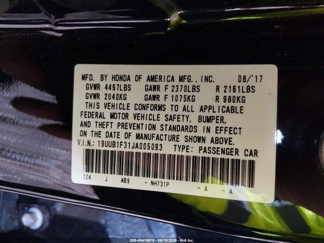 45416976 :رقم المزاد ، 19UUB1F31JA005093 vin ، 2018 Acura Tlx مزاد بيع
