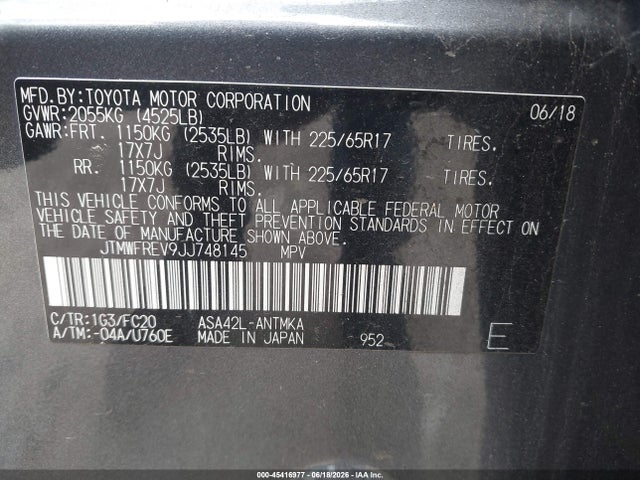 JTMWFREV9JJ748145 Toyota Rav4 Xle