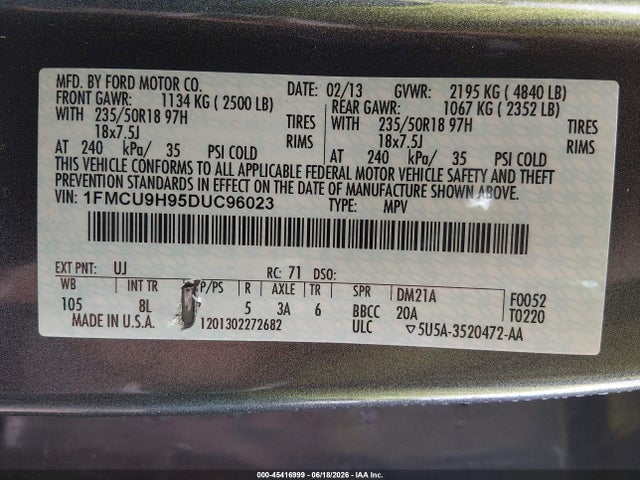 Продаж на аукціоні авто 2013 Ford Escape Sel, vin: 1FMCU9H95DUC96023, номер лоту: 45416999
