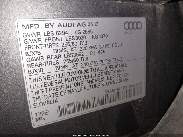 Продажа на аукционе авто 2017 Audi Q7 2.0t Premium, vin: WA1AHAF75HD058076, номер лота: 45417020