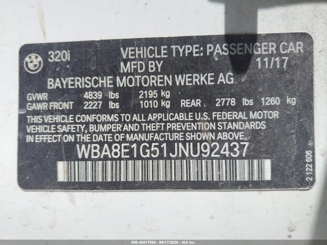 Продажа на аукционе авто 2018 Bmw 320i, vin: WBA8E1G51JNU92437, номер лота: 45417084